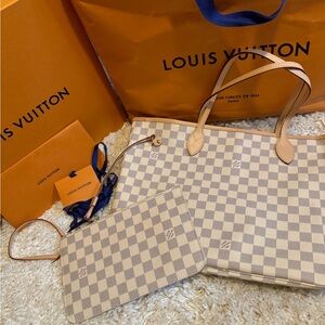 Louis Vuitton Damier Azur Beige Neverfull MM Tote Bag Medium Purse NEW